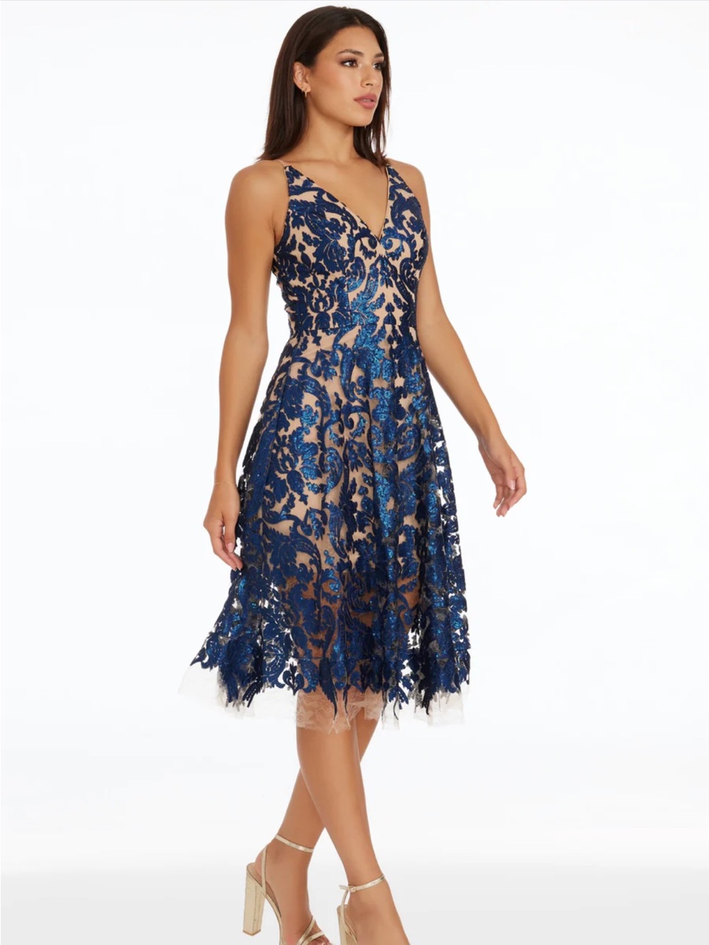 Dress The Population Navy Nude Blair Sequins Cocktail Midi Dress Size Small - Picture 4 of 11